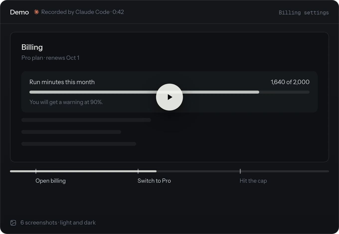 A demo recorded by the agent of the changed billing page, paused mid-way, with chapters for opening billing, switching to Pro, and hitting the usage cap