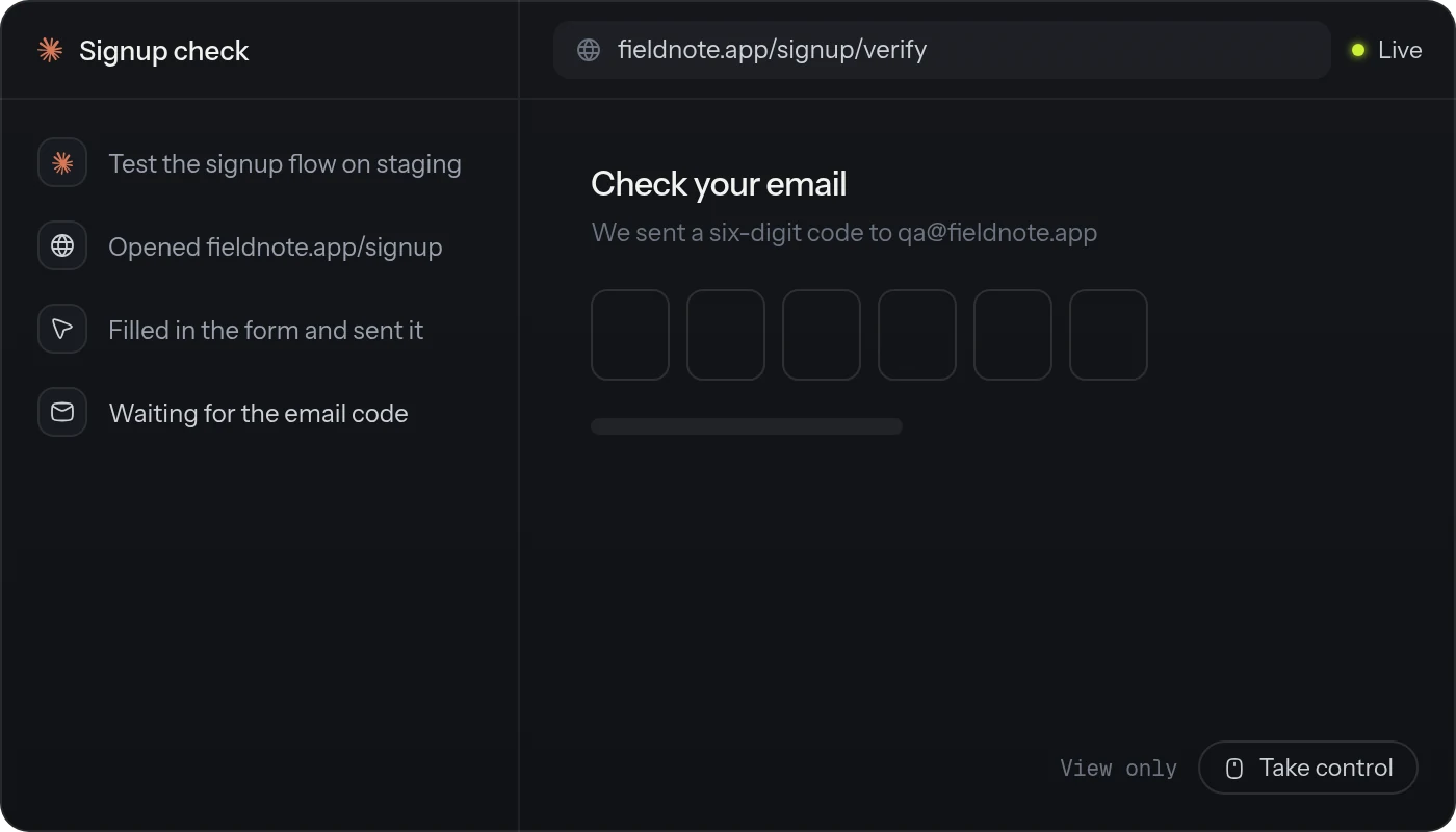 A thread checking a signup flow beside the live browser it is driving, which is view only with a Take control button