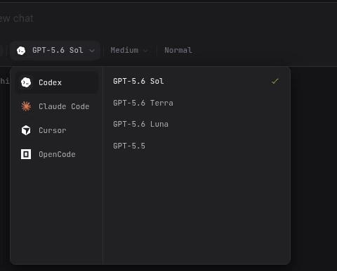 The Longwave harness picker open, listing Codex, Claude Code, Cursor and OpenCode beside the Codex models