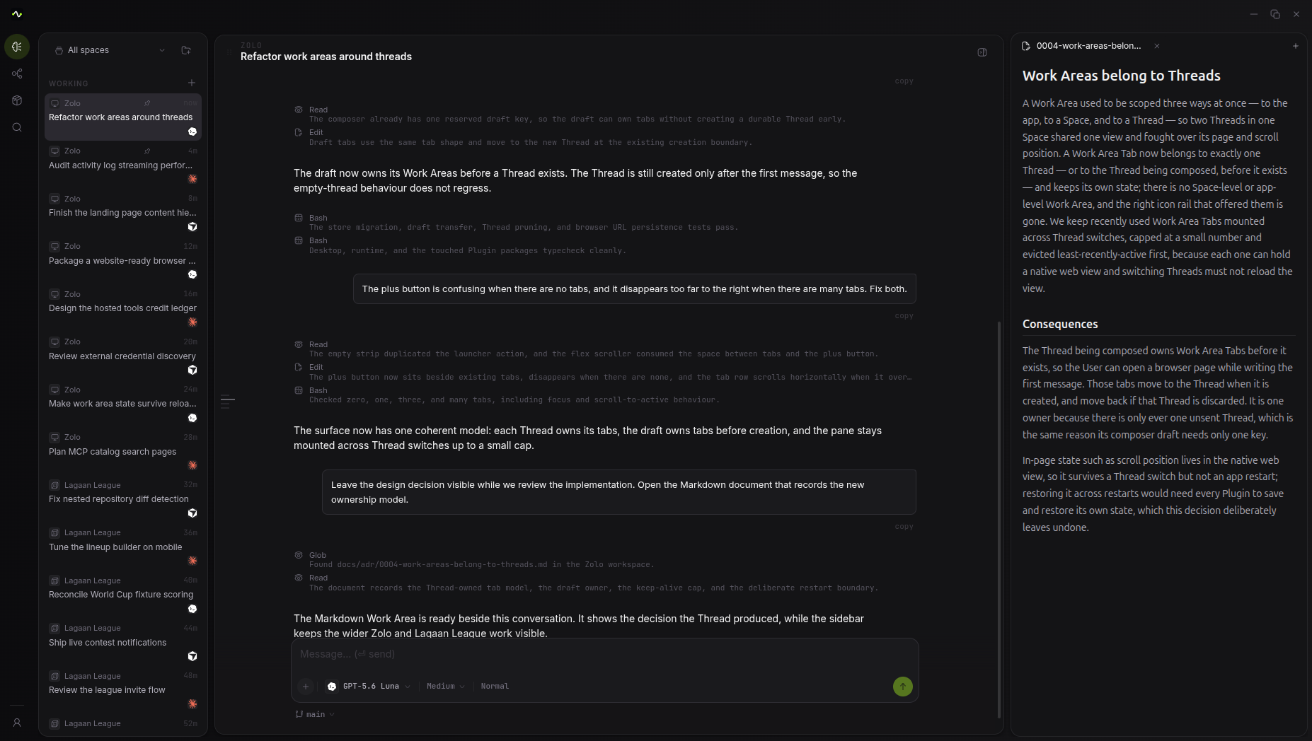 Longwave workspace with an active agent conversation and Markdown Work Area