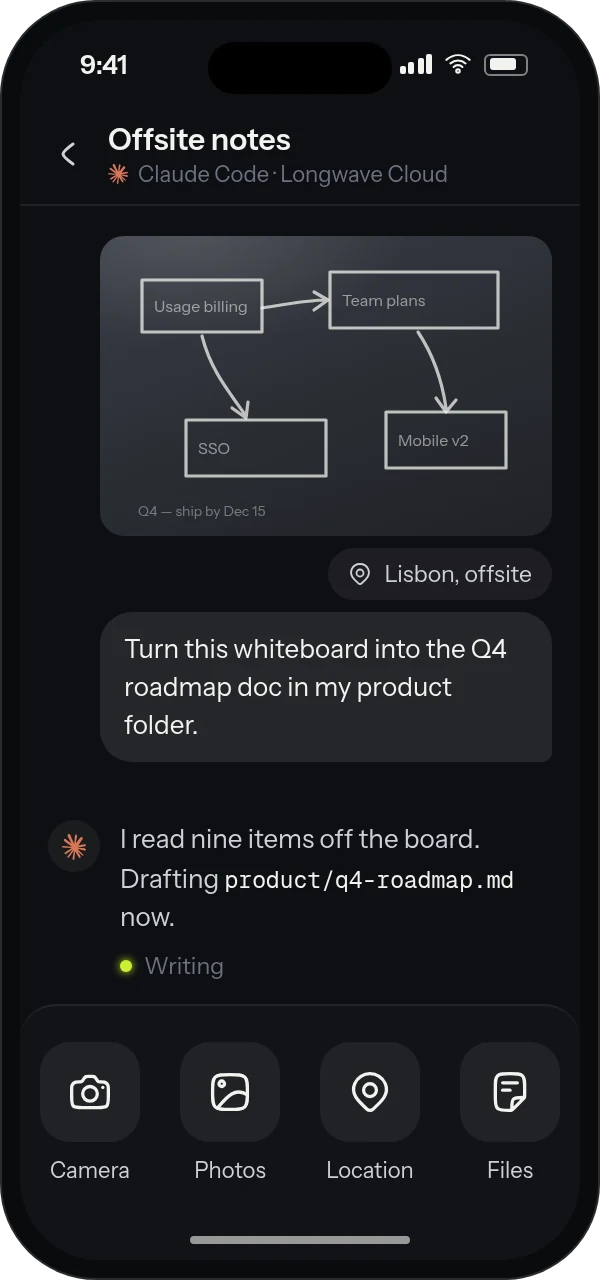 A thread on a phone with a photographed whiteboard, a location and a request attached, the agent already drafting from it, and the Camera, Photos, Location and Files options below