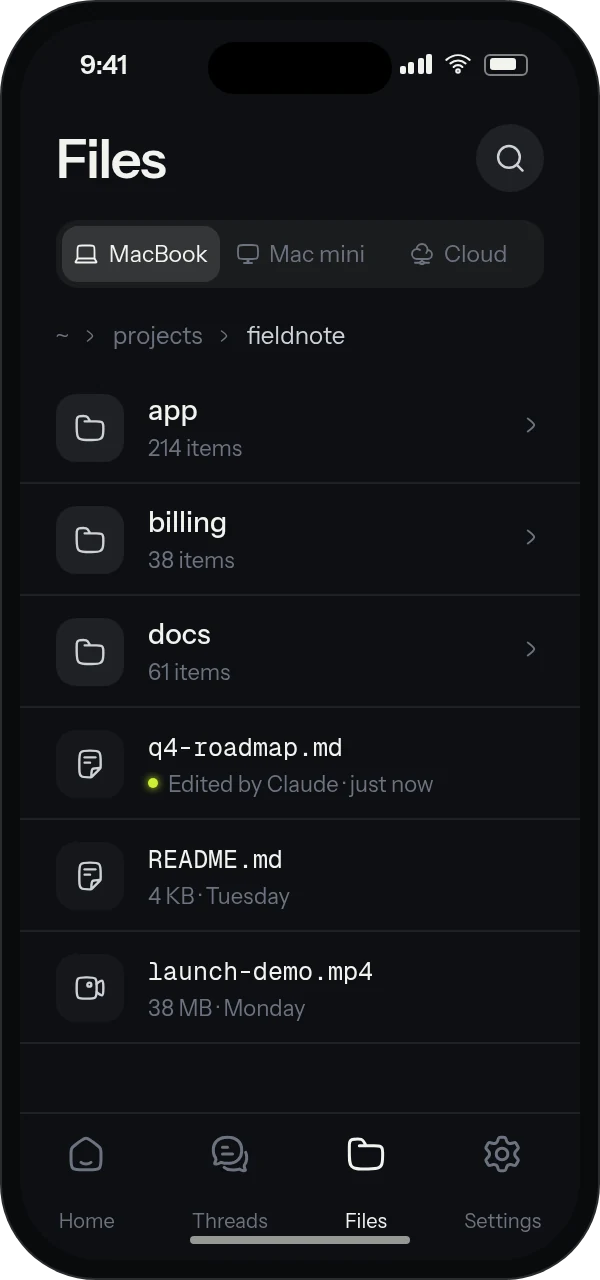 Browsing the files on a MacBook Pro from a phone, with a switch for the Mac mini and Longwave Cloud, and a roadmap the agent just edited
