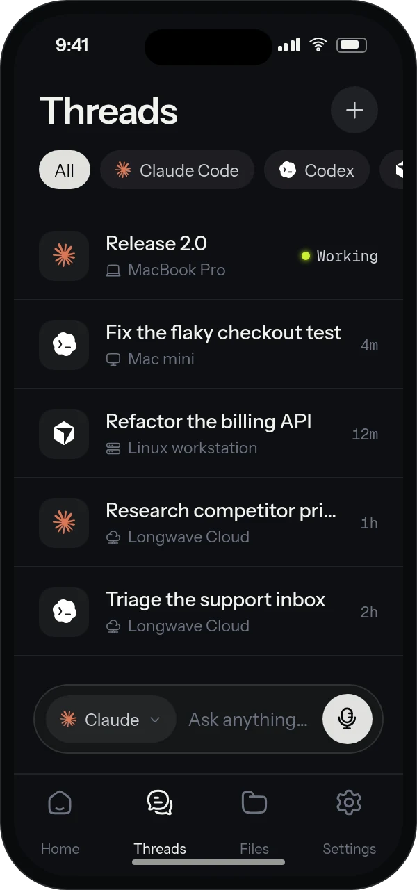 Longwave on a phone: threads from Claude Code, Codex and Cursor in one list, each on its machine, with a harness picker on the composer