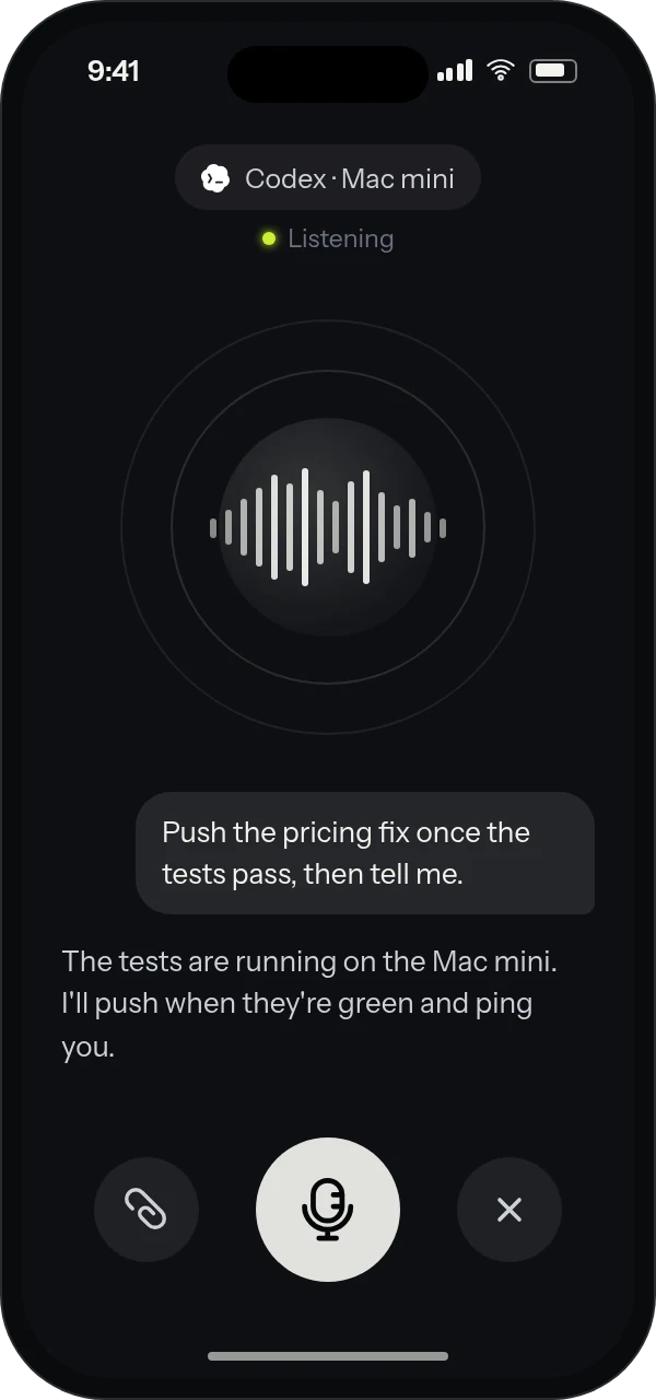 A voice conversation with Codex on a Mac mini: the phone is listening, and Codex says it will push the fix when the tests pass