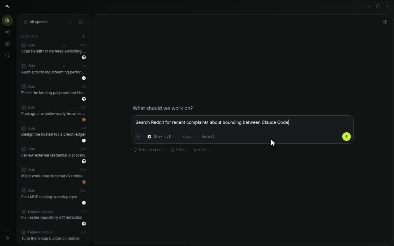 A Longwave thread searching Reddit for complaints about switching between Claude Code, Cursor, and Codex, with the Reddit mark on the search tool-call row